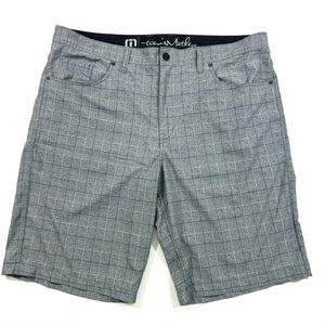 Travis Mathew Flat Front Shorts Grey Blue Check Print